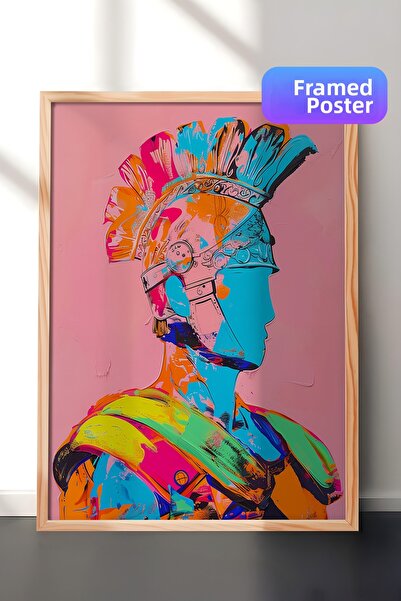 Zestia Pictură murală cu ramă din lemn, futuristă, colorată, cu cap de război...