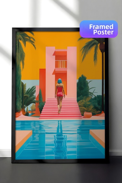 Zestia Pictură murală înrămată în negru, peisaj tropical de vară cu arhitectu...