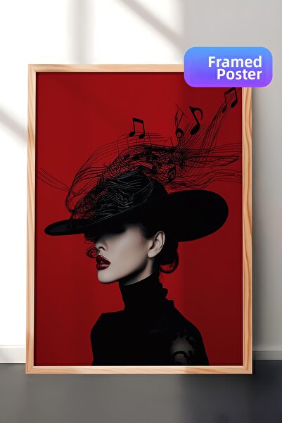 Zestia Pictură murală înrămată în lemn, portret de modă a unei femei cu pălăr...