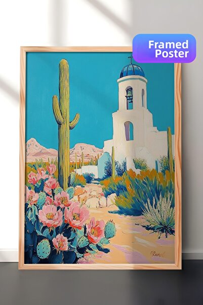 Zestia Дървена рамка за стена с картина „Пустинни кактуси и бяла средиземномо...