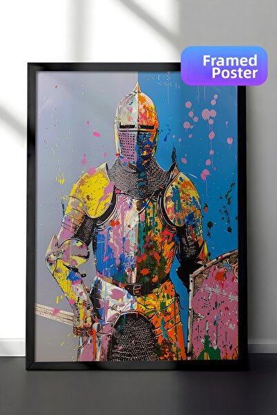 Zestia Pictură murală înrămată în negru Războinic în armură cu vopsele colora...