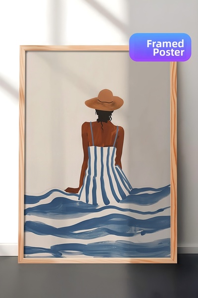 Zestia Pictură murală cu ramă din lemn, ilustrație tematică de vară cu femeie...