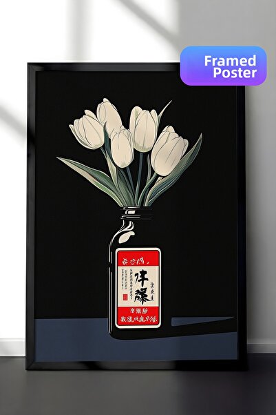 Zestia Pictură de perete înrămată în negru, lalele albe în vază pe fundal neg...