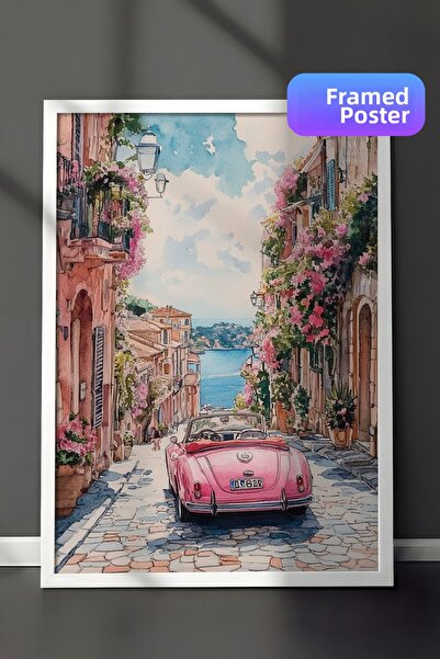 Zestia Pictură de perete înrămată în alb, cu mașină clasică roz, într-un oraș...