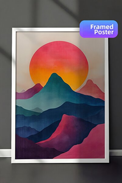 Zestia Pictură de perete înrămată în alb, cu munți stratificați și soare, pei...