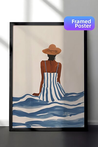 Zestia Pictură murală înrămată în negru, femeie cu pălărie așezată pe mare, i...
