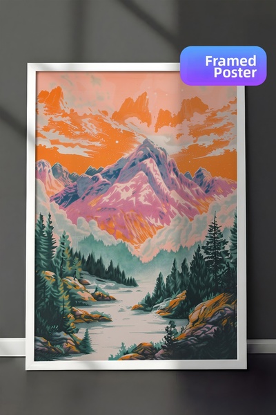 Zestia Pictură de perete înrămată în alb, cu munți colorați și vale de râu, i...