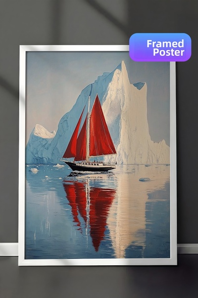Zestia Pictură de perete înrămată în alb, peisaj cu barca cu pânze roșie într...