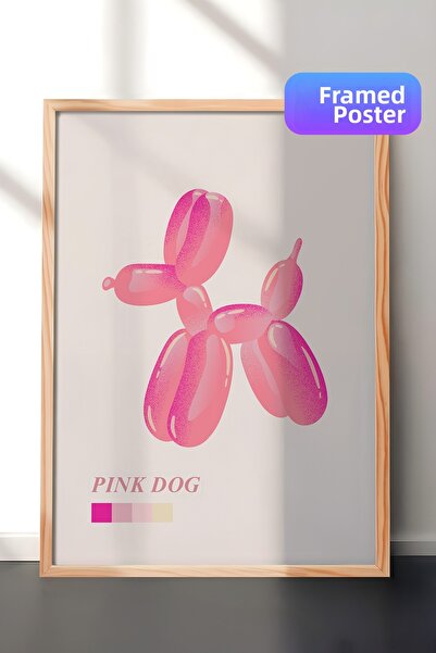 Zestia Tablou de perete înrămat în lemn, cu balon roz și figurină de câine, i...