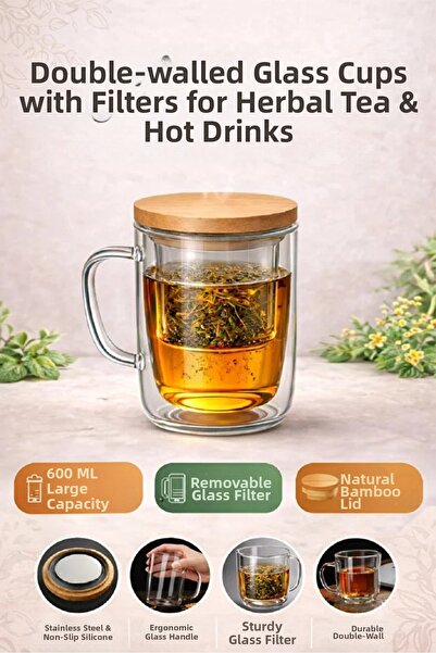 Rosemor 1Pc Glass Mug with Strainer 400ml Double Walled Thermally Insulated B...