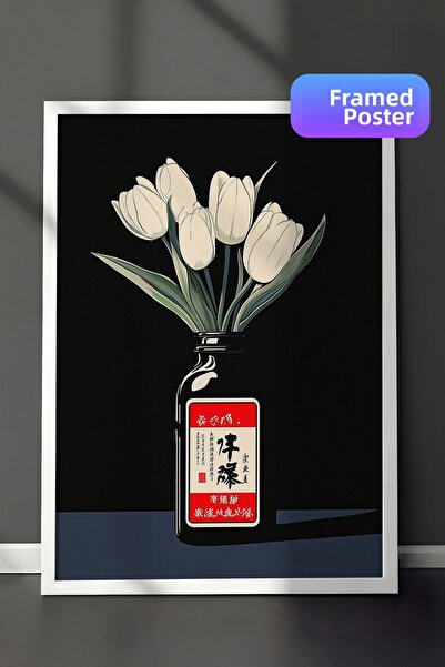 Zestia Pictură de perete înrămată în alb Fundal negru Lalele albe în vază Art...