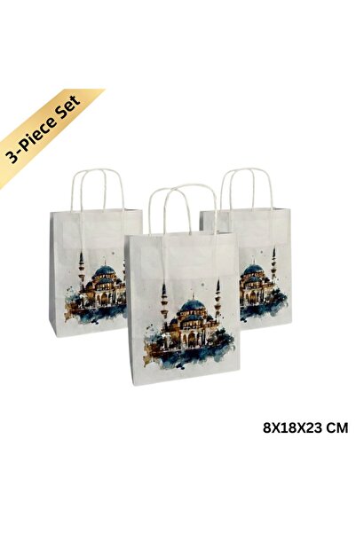 roco paper Ramadan Gift Packaging Bag, Pack of 3, Mosque Design White Paper B...