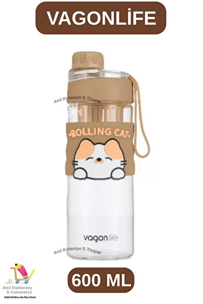 Vagonlife 600 ml Water Bottle with Cat Figure (Comfortable Drinking - with St...