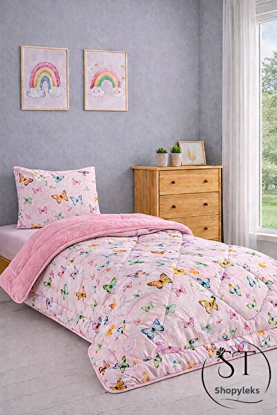 Shopyteks Single Butterfly Patterned Double-Sided Wellsoft Sleeping Set