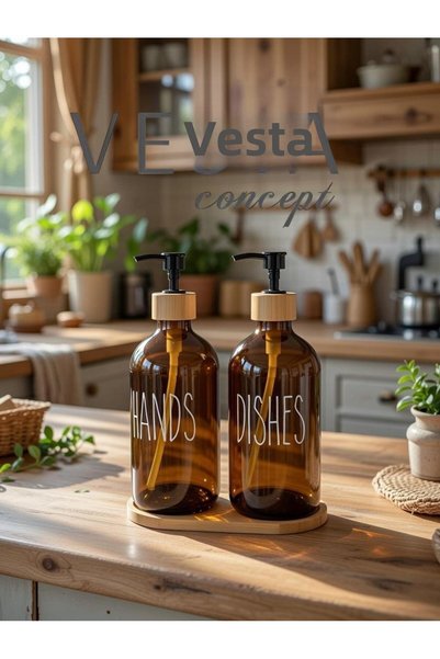 VESTA Concept Double Glass Liquid Soap Dispenser with Natural Bamboo Stand - Kitchen Detergent Dispenser and Soap Dispenser Set
