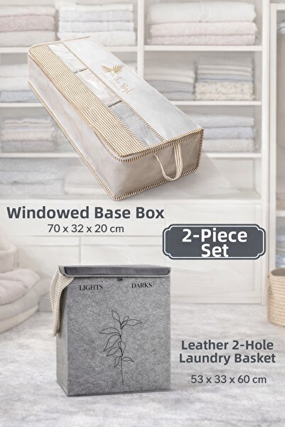 PONÇİK BEBEK Set of 2 Large Size Storage Baskets with Windows & Leather Dirty...