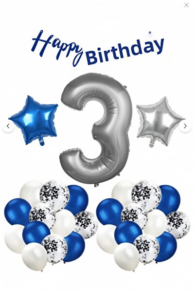 Işıltı Balon Dükkanı 3 Year Old Blue and White Birthday Balloon Set – Happy B...