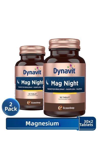 Dynavit ماغ نايت 30 قرص ×2 - ماغنيسيوم للمساء/الليل - بيسجلينات المغنيسيوم، ب...