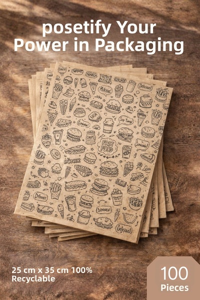 POŞETİFY ورق عرض مقاوم للزيوت 25x35 سم |   وجبات سريعة منقوشة |   100 قطعة | ...