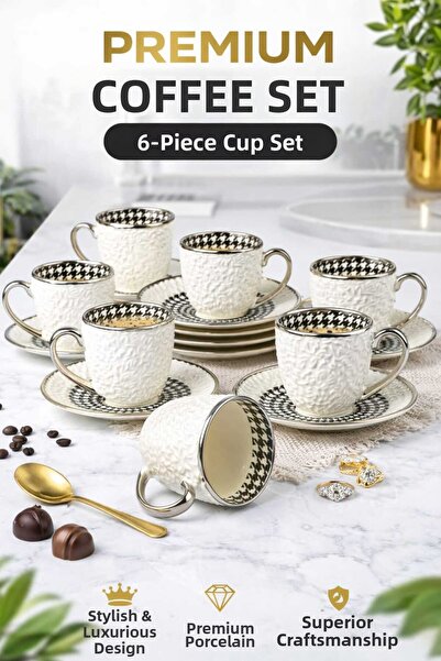 Ogeda Home Kosova Silver Detailed 6-Person Coffee Cup Set – Houndstooth Patte...
