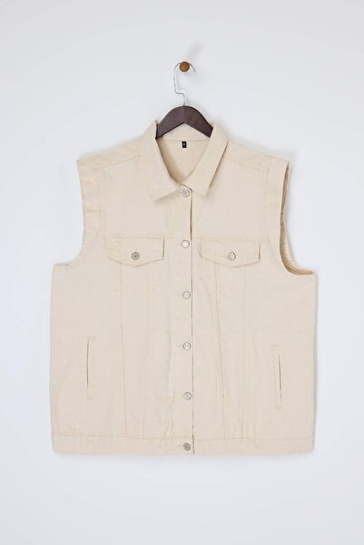 Trendyol Curve Ecru 100% Cotton Oversize/Genim Fit Large Size Denim Vest Tbbs...