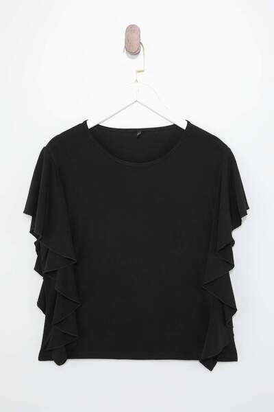 Trendyol Curve Bluză neagră tricotată elastică, cu mâneci cu volane și decolt...