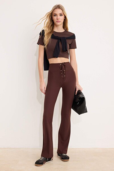 Trendyol Collection Brown Flare/Spanish Leg High Waist Lace-Up Long Ribbed St...