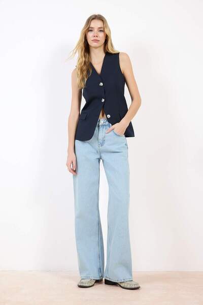 Trendyol Collection Jasnoniebieskie dżinsy z wysokim stanem, 100% bawełna, sz...