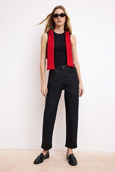 Trendyol Collection Тъмносини дънки с висока талия, средна еластичност и дълж...