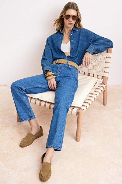 Trendyol Collection Blugi albaștri cu talie normală, 100% bumbac, croială dre...