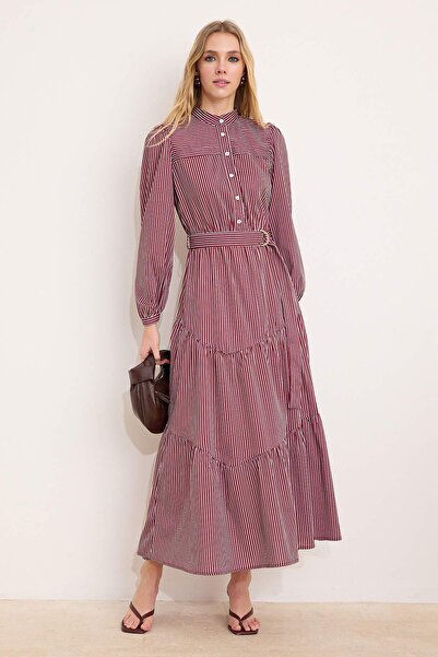 Trendyol Modest Burgundy Unlined Striped Woven Terrycotton Hijab Dress Tctss2...