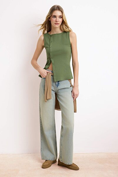 Trendyol Collection Khaki Buttoned Asymmetrical Fitted/Flattering Corded Fabr...