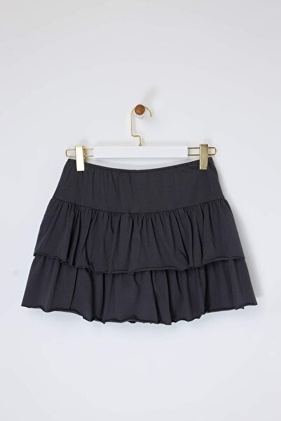 Trendyol Collection Anthracite Skirt Ruffled Mini Stretchy Knitted Skirt Twos...