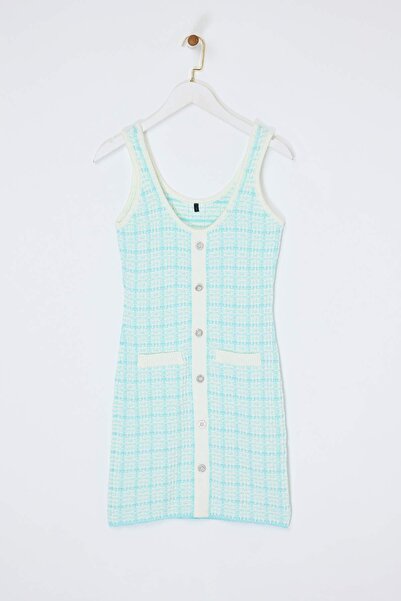 Trendyol Collection Mintfarbenes kurzes/Mini-Strickkleid im Tweed-Look mit Gl...