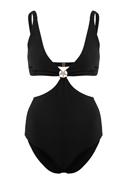 Trendyol Collection Black V-Neck Covered Regular Mayokini with Premium Star A...