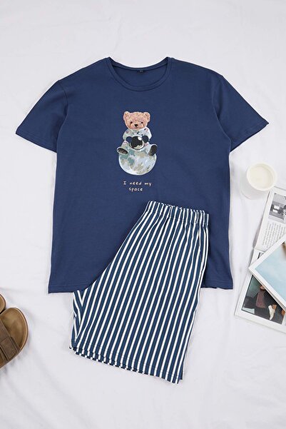 Trendyol Collection Σετ πιτζάμες Indigo Regular βαμβακερό κοντομάνικο μπλουζά...