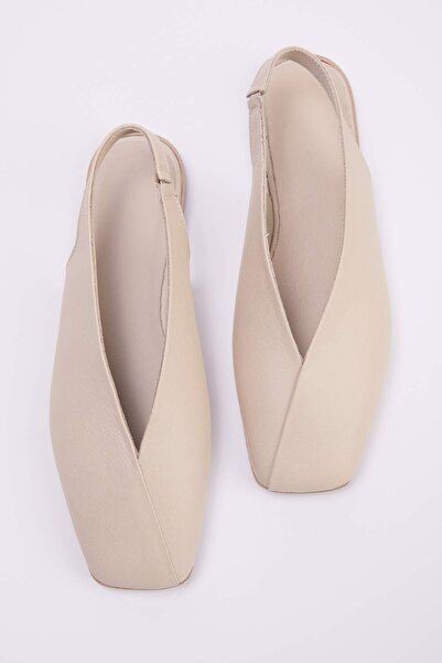 TRENDYOL SHOES Balerini de damă din piele naturală bej cu spatele deschis și ...