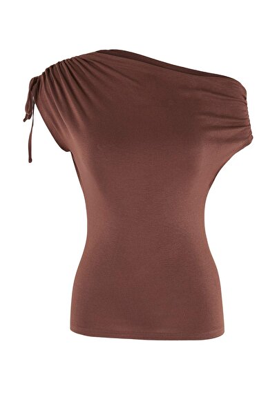 Trendyol Collection Brown Regular/Normal Fit Asymmetric Collar Gathered Soft ...