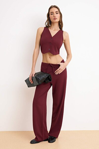 Trendyol Collection Burgundy Buttoned V-Neck Wide Leg Knitted Vest/Pants Bott...
