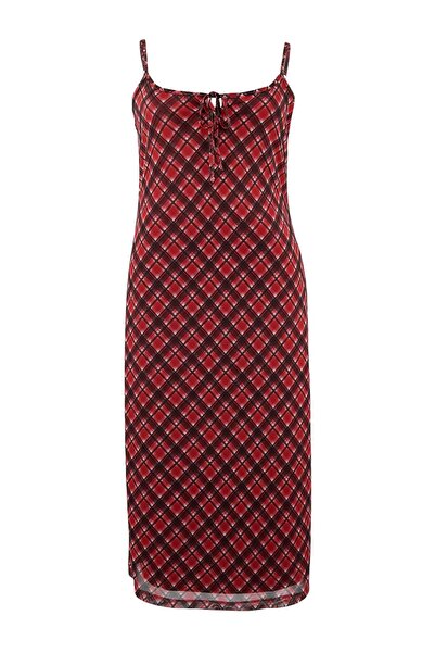 Trendyol Curve Rotes, kariertes Tüll-Maxikleid mit Bindedetail, dehnbares Str...