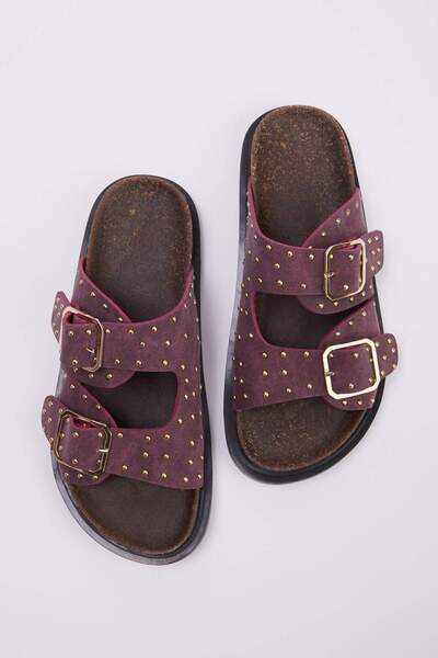 TRENDYOL SHOES شبشب نسائي بتفاصيل من جلد النوبوك باللون العنابي TAKSS26TE00001