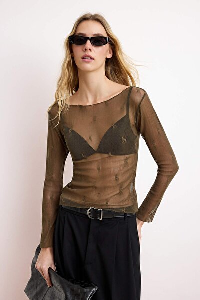 Trendyol Collection Khaki Fitted Long Sleeve 100% Cotton Textured Knitted Blo...