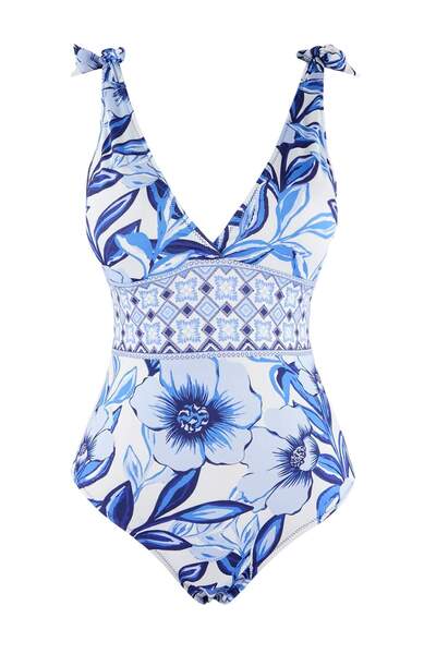 Trendyol Collection Плувен костюм с флорални мотиви, дълбоко V-образно деколт...