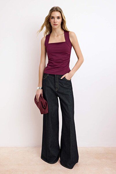 Trendyol Collection Pflaumenfarbene, gerade, quadratische Bluse mit Kragen, T...