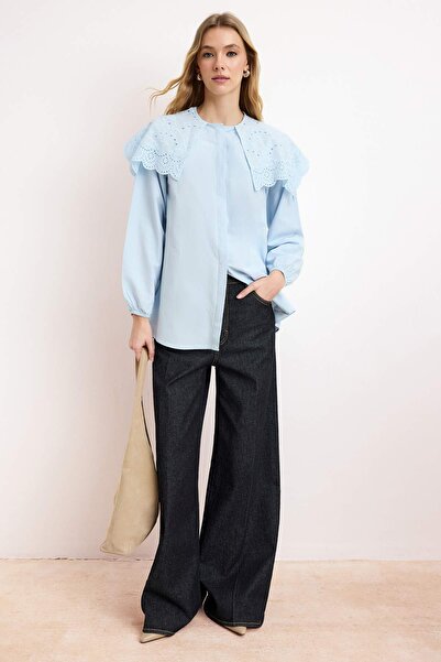 Trendyol Modest Light Blue Regular Terrycotton Plain Woven Collar Lace Hijab ...