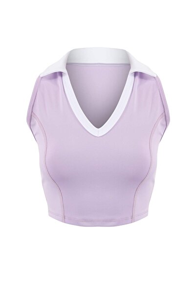 Trendyol Collection Lila Polo-Kragen-Diver-/Scuba-Crop-Sportbluse THMSS26BZ00006