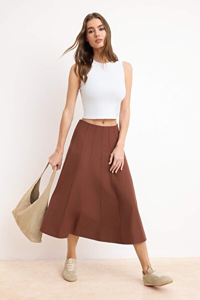 Trendyol Collection Fustă midi maro cu imprimeu detaliu la cusătură bumbac 10...