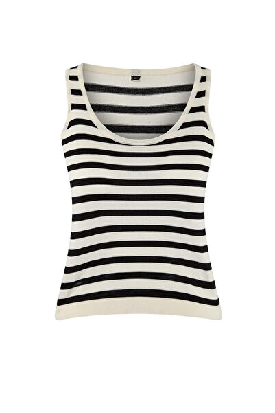 Trendyol Collection Ecru Striped Crew Neck 2-Piece Blouse-Cardigan Knitwear C...