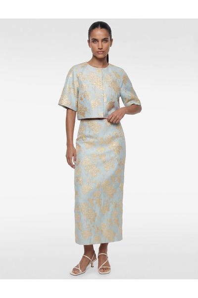 Koton 3/4 Sleeve Crew Neck Metallic Embroidered Crop Jacket