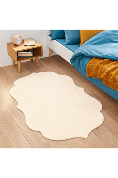 Lagom Life Krem Marjinal Peluş Halı Dekoratif Lazer Kesim Peluş Halı Oda Halısı